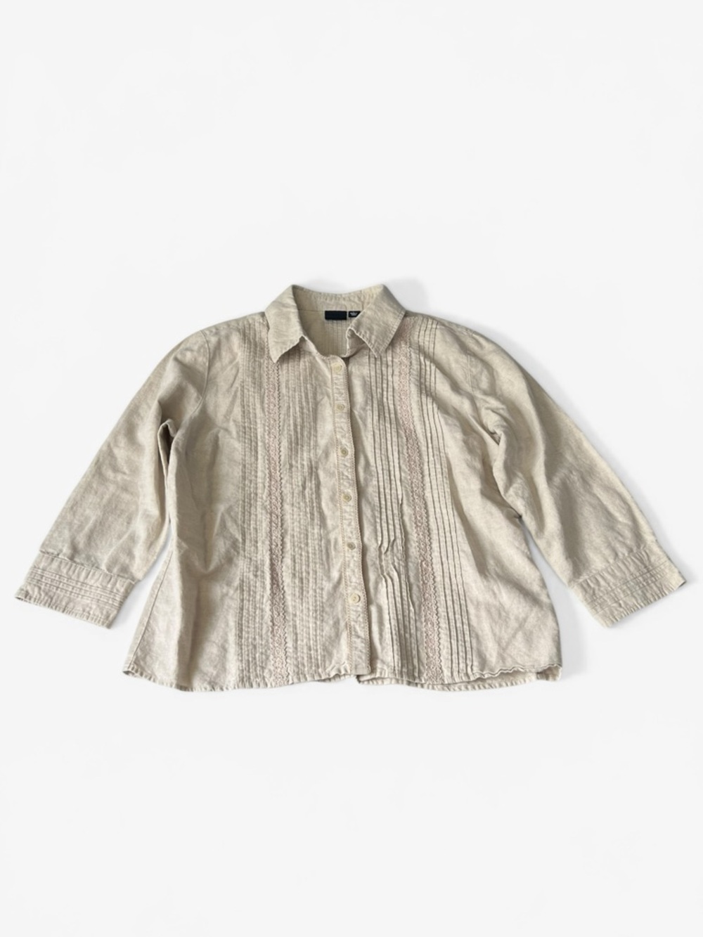 Sonoma Women’s Button-Front Beige Linen Shirt with Pintuck Detail - L